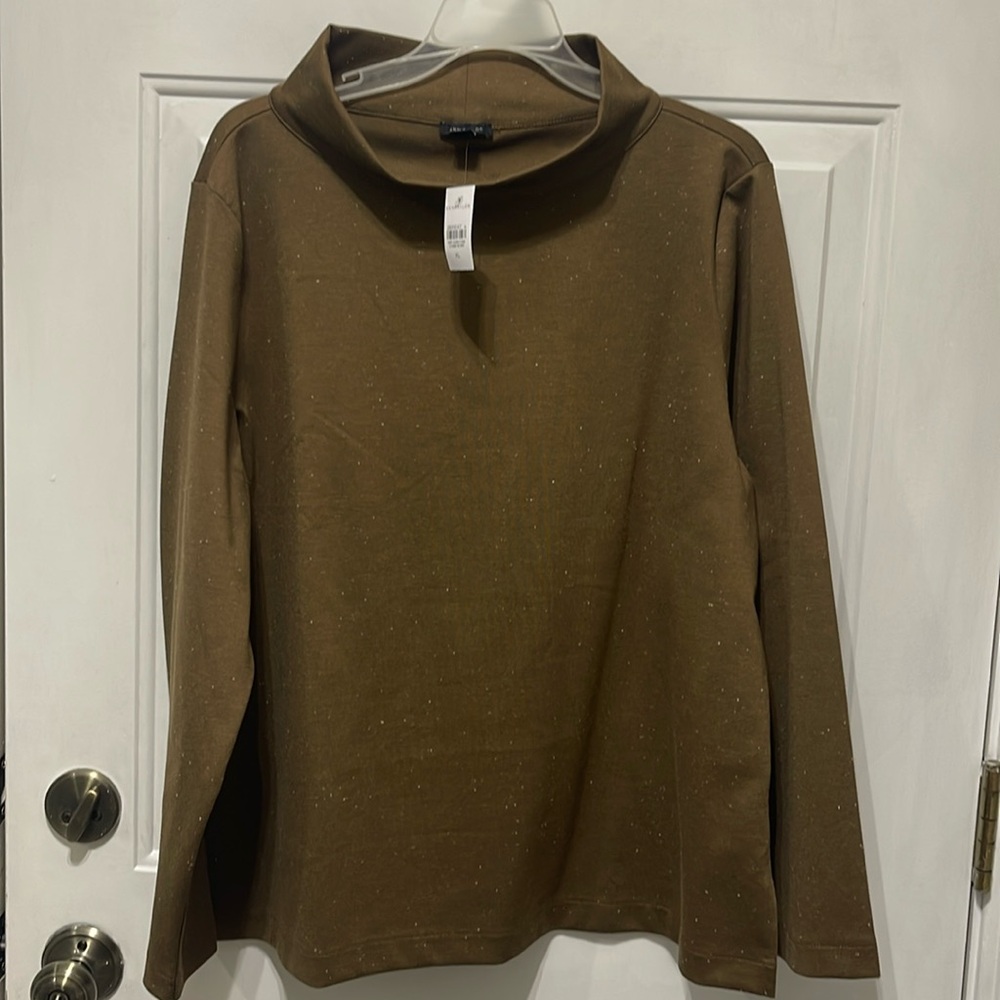 NWT $78 Ann Taylor Olive/Brown Speckled Funnel Neck Blouse XL